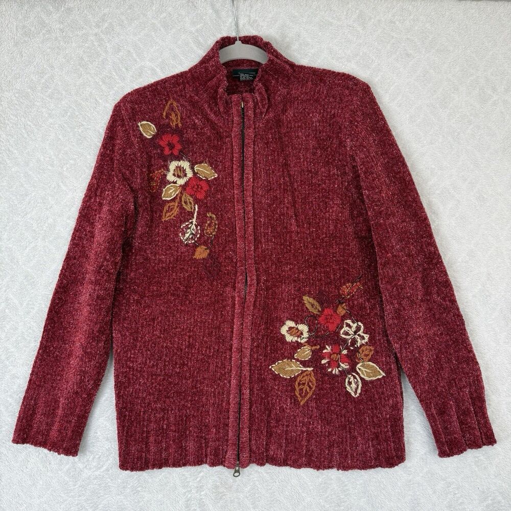Vtg Chenille Sweater Womens Medium Burgundy Zip Up Fall Leaves Flowers Cozy Boho